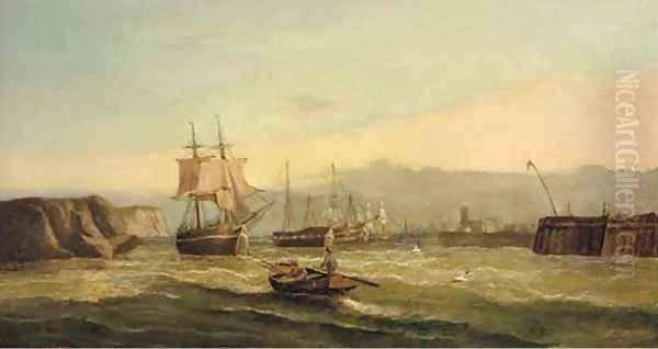 A trading brig and hulks at the harbour mouth - view 1