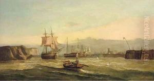 A trading brig and hulks at the harbour mouth by Edwin Hayes