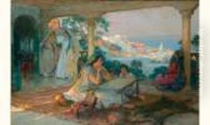 " Femmes Brodant Sur Une Terrasse, Alger ". by Frederick Arthur Bridgman