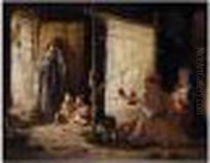 Arab Interior At Biskra: Women Weaving The Burnoose by Frederick Arthur Bridgman
