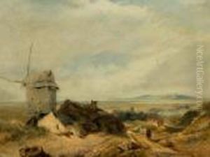 Estuary Landscape With Cloaked Figure Beside Awindmill