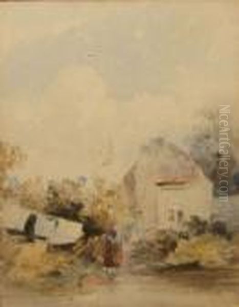 Rustic Cottage With Figure At A Brook - view 1