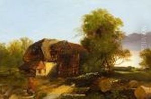 Felled Trees Before A Barn