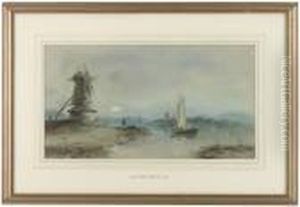 A River Landscape At Twilight With Figures Before A Mill by Henry Bright
