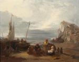 Figures And Boats On A Beach At Sunset