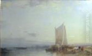 Seaview With Boats And Cattle On The Shore by Henry Bright
