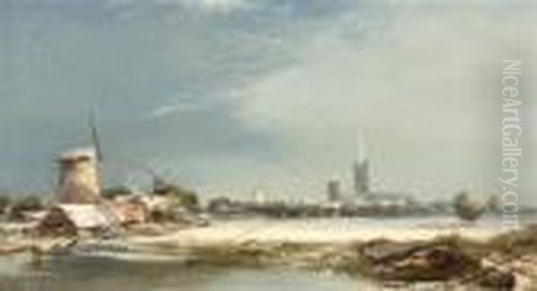A Snow Covered Landscape With Windmills And Church - view 1