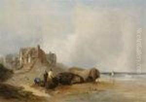 Figures And Boats In The Shallows Before A Coastal Village by Henry Bright