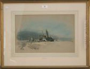 Fisherfolk In Beached Boats On Theshore Of A Coastal Landscape by Henry Bright