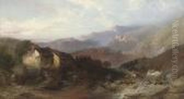 A Welsh Landscape With Figures, Cattle And Sheep Before Acottage - view 1