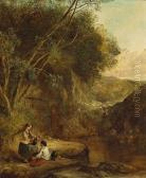 A Wooded Landscape With Two Women On The Banksof A Stream by Henry Bright