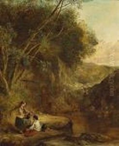 A Wooded Landscape With Two Women On The Banksof A Stream by Henry Bright