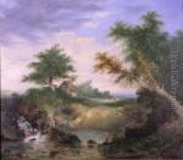 Anglers By A Pool With Cottage Beyond - view 1