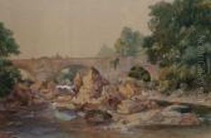 Norwich School -- Figures 
Crossing An Old Stone Bridge In A Wooded River Landscape; Watercolour, 
Signed, 22.5x30cm by Henry Bright