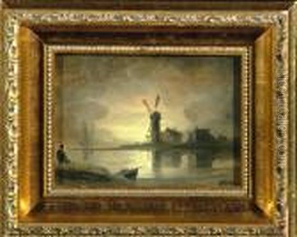 4in. X 5 1/2in. On Panel 
Dordrecht-a Windmill By The River At Moonrise With Inscription And Date 
1871 On The Reverse by Henry Bright