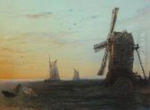 Cattle By A Windmill On The Broads by Henry Bright