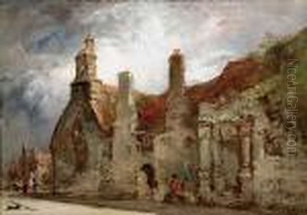Figures Before Medieval Thatched Cottages - view 1