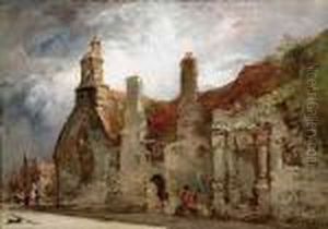 Figures Before Medieval Thatched Cottages by Henry Bright