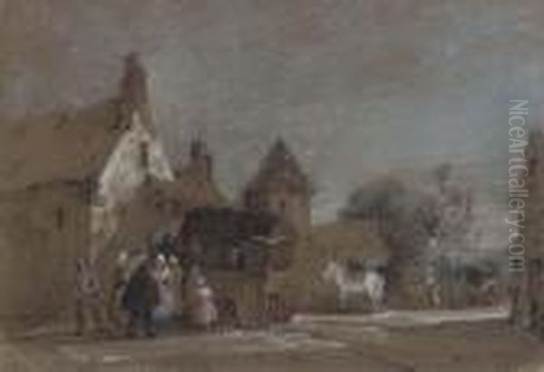 Figures Disembarking From A Carriage In A French Village - view 1