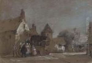 Figures Disembarking From A Carriage In A French Village by Henry Bright