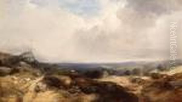 An Extensive Landscape With
Sheep In The Foreground And Cottagesand A Church In The Middle Distance - view 1