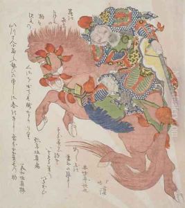 Surimono of an Armed Warrior on Horseback by Toyota Hokkei