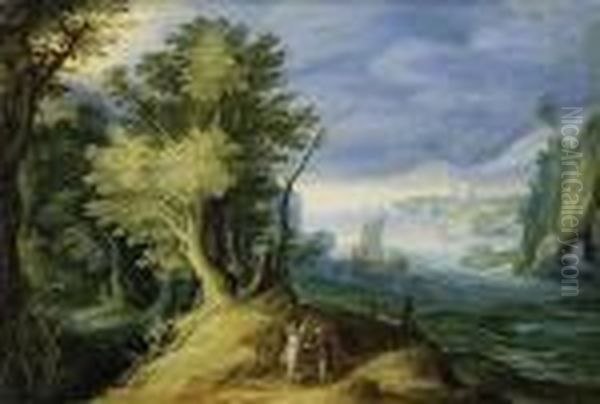 Pilgrim With An Angel In A Wide Riverscape - view 1