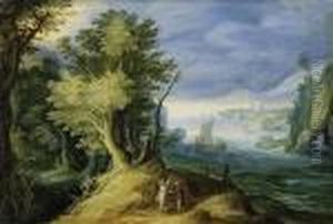 Pilgrim With An Angel In A Wide Riverscape