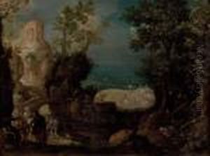 Landschaft Mit Antikem 
Rundtempel In Der Art Des Sibyllentempels Von Tibur Mit Personenstaffage by Paul Bril