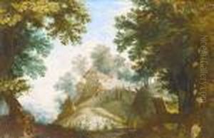 A Hermit By A Tree In A Wooded Landscape, With A Village On The Horizon