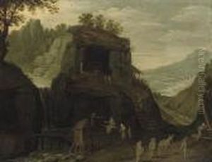 A Mountainous Landscape With Pilgrims Outside A Grotto
