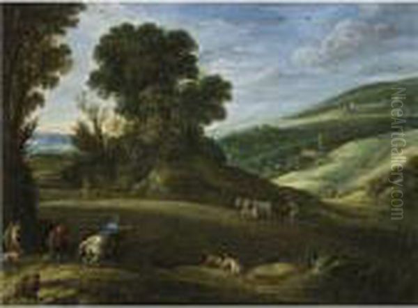 An Extensive Landscape With Hunters Crossing A Field Beingploughed - view 1