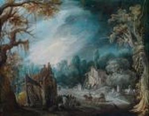 Umkreisphantasievolle Landschaft Mit Hutten Und Einem Pferdefuhrwerk