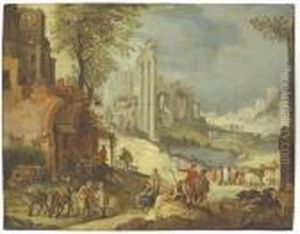 Figures Resting By An Inn, A 
Capriccio Of Roman Ruins Including Thetemple Of Castor And Pollux Beyond