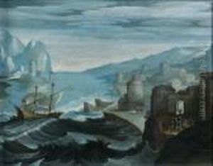 Navire Approchant D'un Port Par Une Mer Agitee Navire Approchant D'un Port Par Une Mer Agitee
