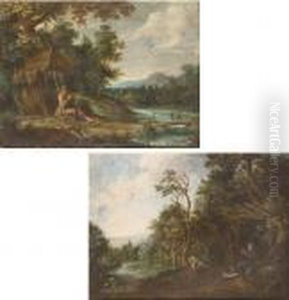 A Hermit Saint In A Wooded River
 Landscape, Seated Before His Hermitage, Two Travellers On A Bridge 
Beyond; And A Hermit Saint In A Wooded River Landscape, Praying Outside 
His Hermitage, A Traveller On Horseback Crossing A Brook Beyond - view 1