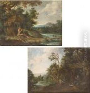 A Hermit Saint In A Wooded River
 Landscape, Seated Before His Hermitage, Two Travellers On A Bridge 
Beyond; And A Hermit Saint In A Wooded River Landscape, Praying Outside 
His Hermitage, A Traveller On Horseback Crossing A Brook Beyond by Paul Bril