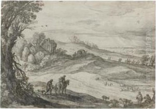 An Extensive Pastoral Landscape, With Shepherds And Animals And Travellers On A Road - view 1