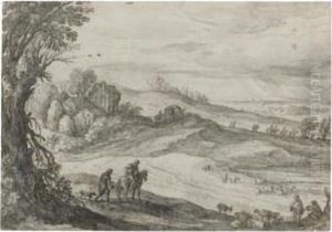 An Extensive Pastoral Landscape, With Shepherds And Animals And Travellers On A Road by Paul Bril