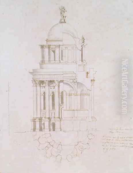 Elevation cross section and plan of an unrealised baptistery for St Pauls Cathedral - view 1