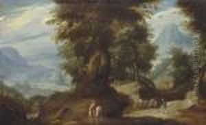 A Mountainous Wooded Landscape With A Rider And Travellers On A Path By A Watermill by Paul Bril
