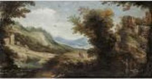 An Extensive River Landscape 
With A Hermit Saint In The Foreground A Temple And Ruins Beyond