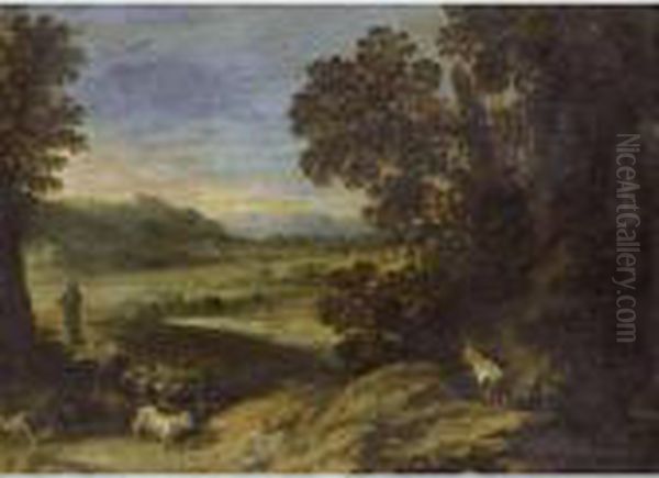 A Goat Herd Near A Wood In An Extensive Landscape - view 1