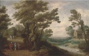 A Wooded River Landscape With Travellers On A Track by Paul Bril