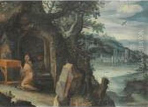 A Mountainous River Landscape With A Hermit Praying In A Grotto And A City Beyond by Paul Bril