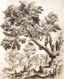 Rugged Landscape With Large Trees And A Bridge Over A Waterfall by Paul Bril