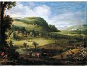 An Extensive Landscape With
Herders Guiding Their Goats And A Man Attempting To Trap Birds In The
Foreground by Paul Bril