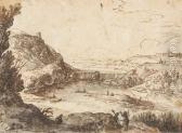 Paysage Avec Une Chute D'eau,
Des Personnages Au Premier Plan Et Deux Villes Fortifiees Dans Le Fond - view 1