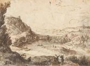 Paysage Avec Une Chute D'eau,
Des Personnages Au Premier Plan Et Deux Villes Fortifiees Dans Le Fond by Paul Bril