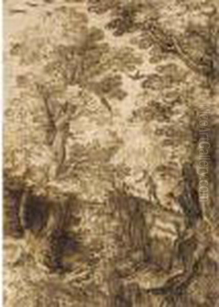 A Figure Crossing A Bridge In Dense Woodland - view 1